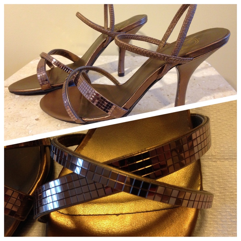 Metallic Bronze Heels Strappy Stiletto Party Sandals Shimmer Elastic Size 6.5M